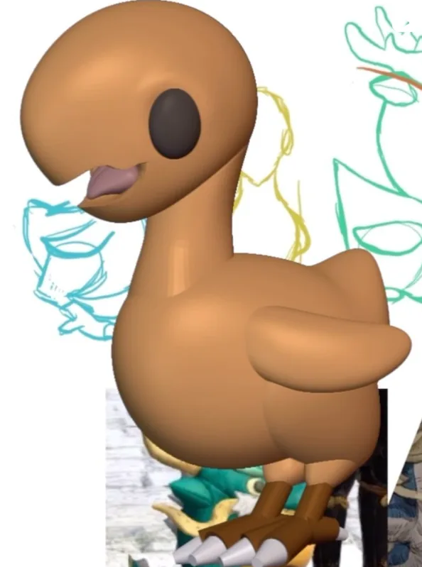 3D model of a brown bird/chocobo with sketch reference in background